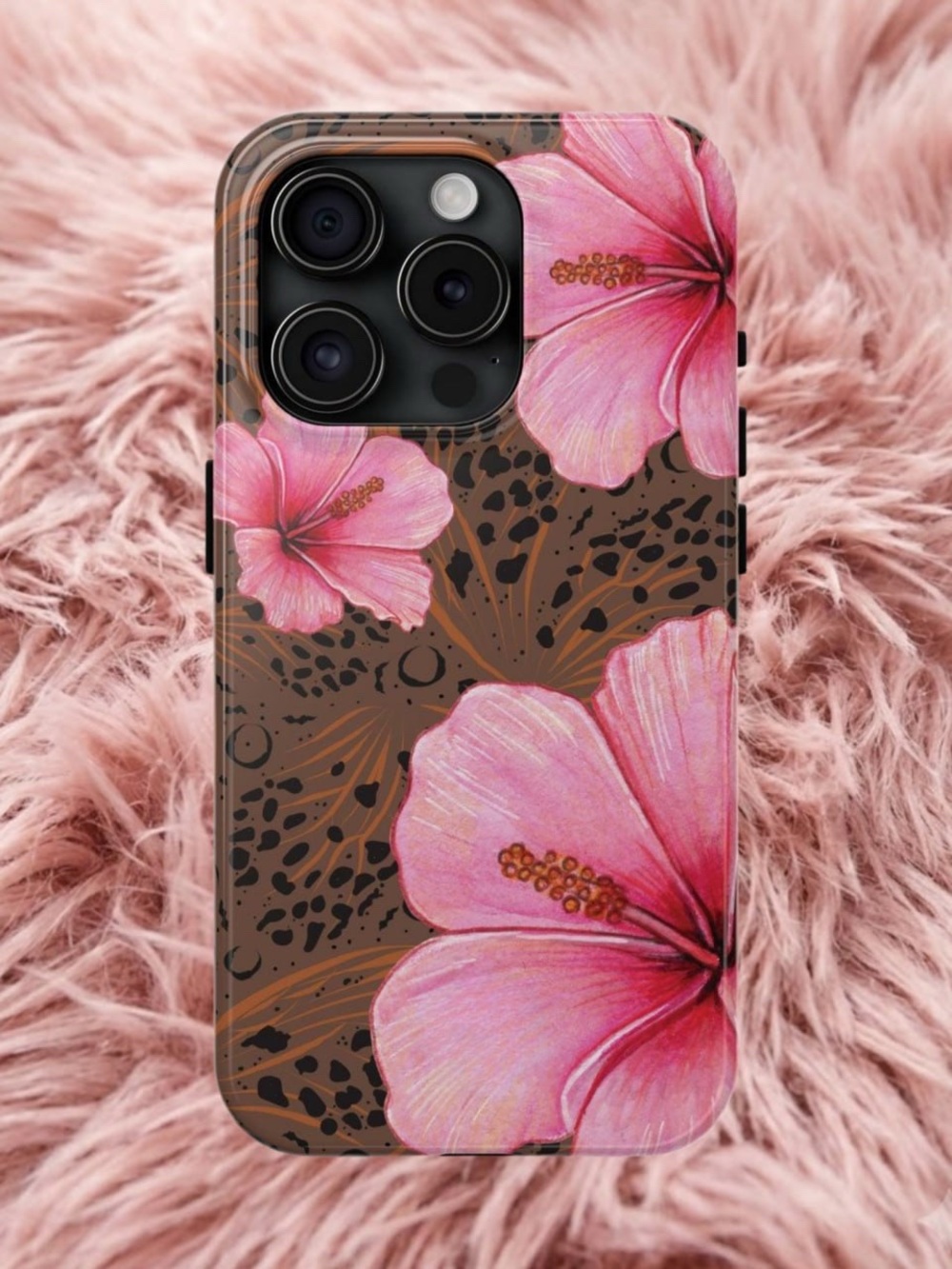 Pink Hibiscus Floral Phone Case - Brown Background
